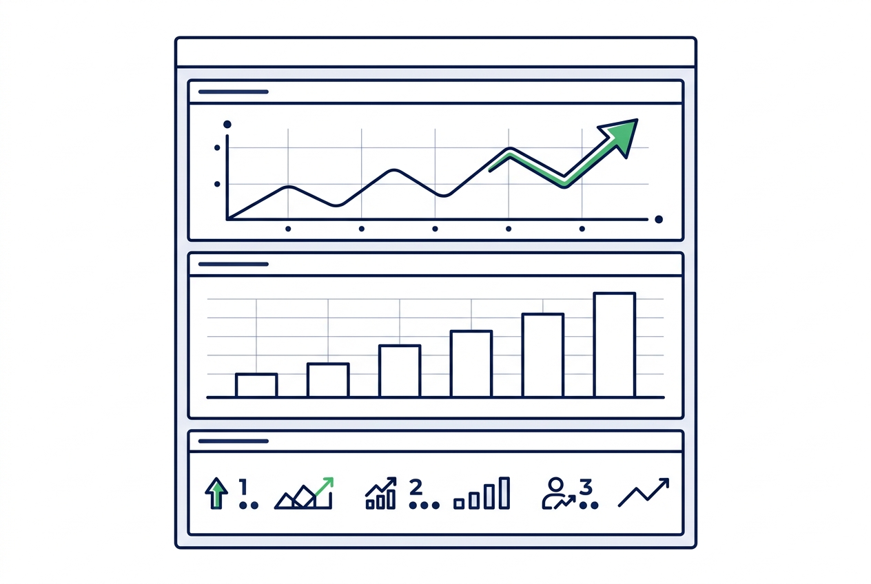 KPI-Dashboard vergleicht Ranking-Verlauf und Lead-Entwicklung im SEO Reporting