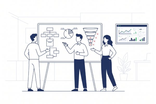 Team analysiert Kanäle Budgets und Funnel-Abbrüche zur Schwächenerkennung