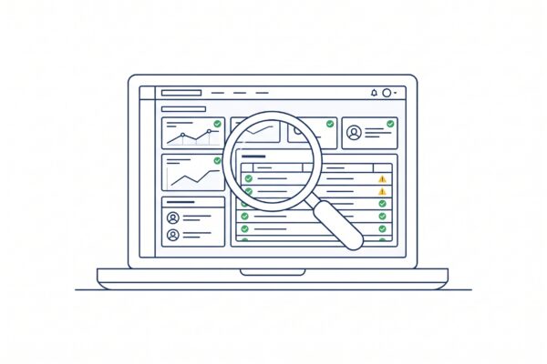 Website-Check mit Prüfsymbolen für SEO und Technik