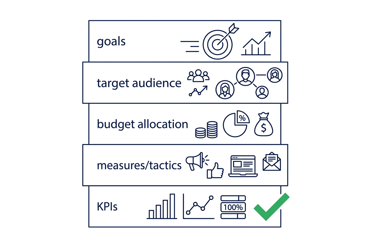 Marketingplan Struktur mit Zielen Budget Maßnahmen und KPIs