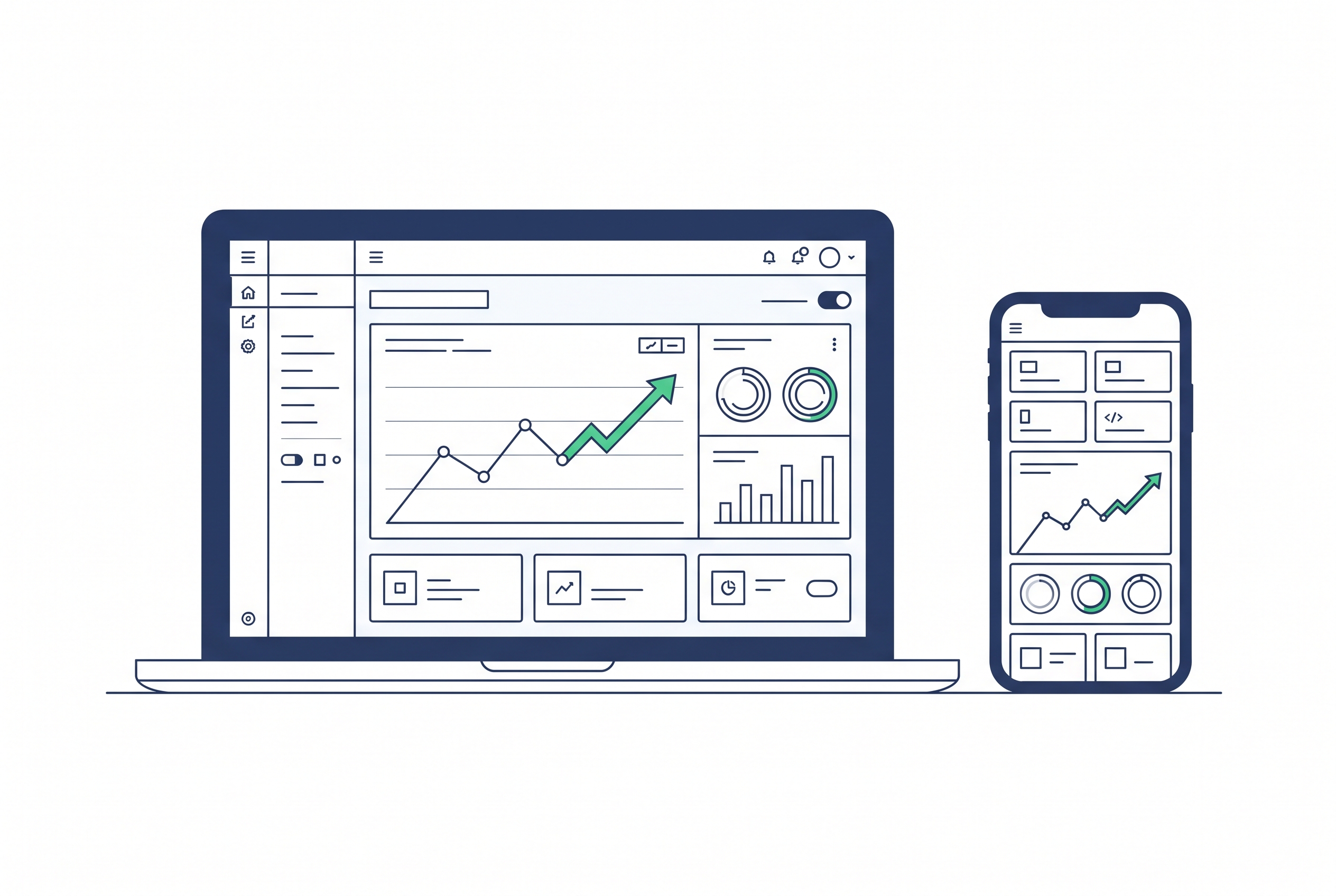 Website-Dashboard mit Mobile-Ansicht und Conversion-Elementen zur Online-Präsenz